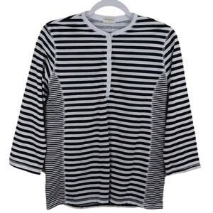 Melrose Chic Black White Striped 3/4 Button Front Elbow Long Sleeve Pull…